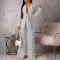 Sexy V-neck Sashes White Long Blazer Tops and Wide Leg Pant Women Suit